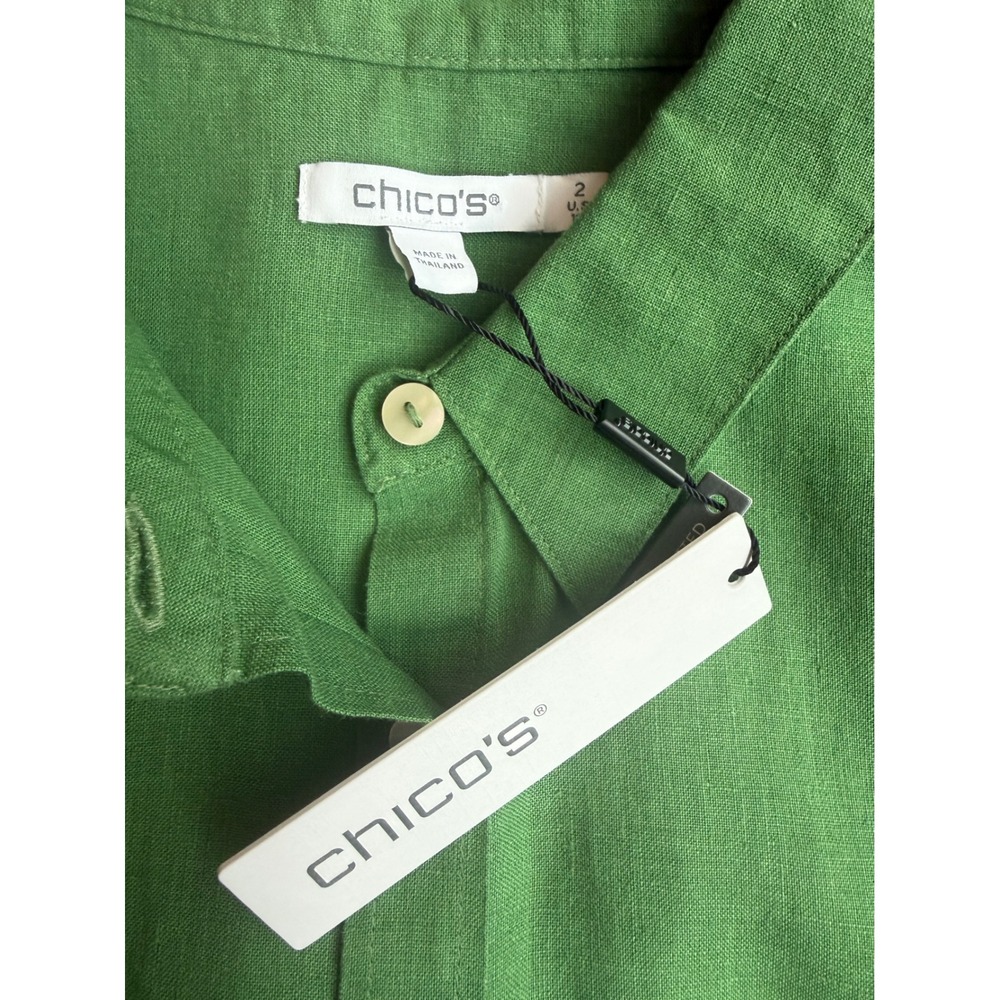 Chico's 100% Linen Button Down Shirt Green Size 2 US 12 Long Sleeve Top NWT - Picture 3 of 7